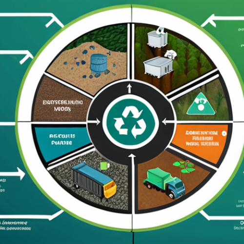 Home 11 **Prompt:** A circular diagram illustrating the product lifecycle, showcasing stages from raw material extraction to waste management, with arrows indicating closed-loop processes like recycling and reuse. The color palette is eco-friendly, emphasizing green and blue tones. Include subtle icons representing each stage of the lifecycle, such as a mining truck, a factory, a distribution truck, a consumer using the product, and a recycling plant. Style: Clean, infographic style.