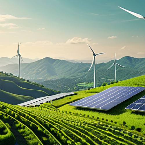 Home 6 **
> Lush green cityscape, solar panels integrated into modern architecture, wind turbines on distant hills, data visualizations overlaid, showcasing carbon footprint reduction. Emphasize sustainability and technological advancement.
**