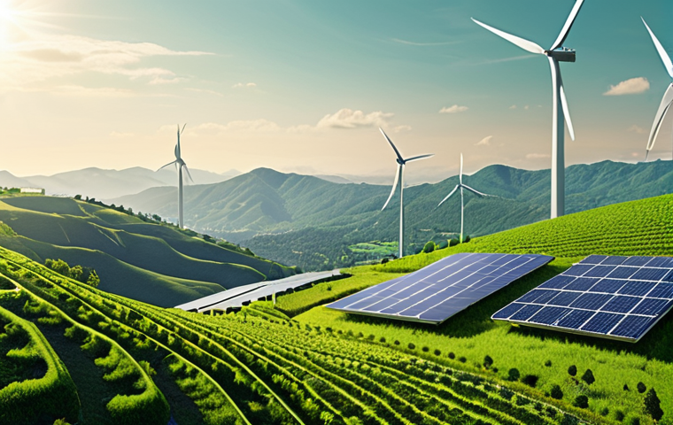 **
> Lush green cityscape, solar panels integrated into modern architecture, wind turbines on distant hills, data visualizations overlaid, showcasing carbon footprint reduction. Emphasize sustainability and technological advancement.
**