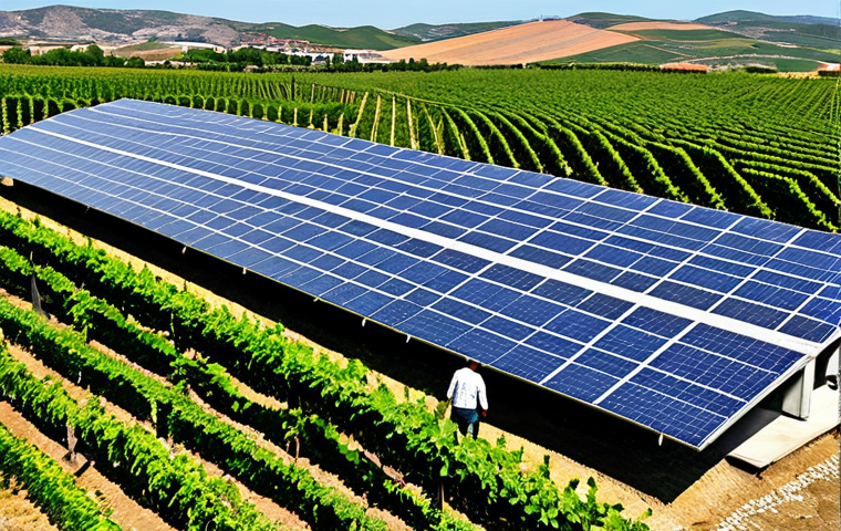 Sustainable Winery**

"A modern, eco-friendly bodega in La Rioja, Spain, featuring solar panels on the roof and lush vineyards in the foreground. Fully clothed workers tending to the vines.  Professional photography, bright daylight, safe for work, appropriate content, modest. Emphasis on sustainable agriculture practices."

**