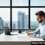 지속가능성 컨설턴트를 위한 시간 관리 팁 - **Prompt:** A dynamic, diverse professional, appearing calm and focused, is seated at a minimalist, ...