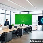 지속가능성 관련 자격증 종류 - A modern office environment with diverse professionals collaborating on sustainability projects, fea...