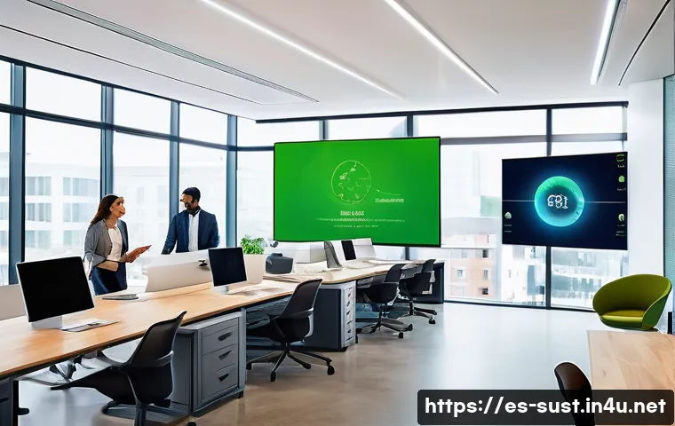 지속가능성 관련 자격증 종류 - A modern office environment with diverse professionals collaborating on sustainability projects, fea...