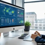 지속가능성 컨설팅 자격증 시험 대비 - A professional sustainability consultant presenting a detailed digital dashboard in a modern office,...