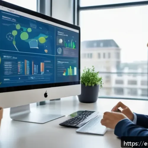 지속가능성 컨설팅 자격증 시험 대비 - A professional sustainability consultant presenting a detailed digital dashboard in a modern office,...