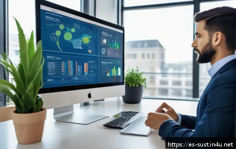 지속가능성 컨설팅 자격증 시험 대비 - A professional sustainability consultant presenting a detailed digital dashboard in a modern office,...