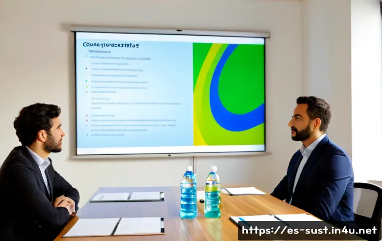 지속가능성 컨설팅 프레젠테이션 스킬 - Photorealistic sustainability consultant presenting to a small Spanish business team in a bright mod...